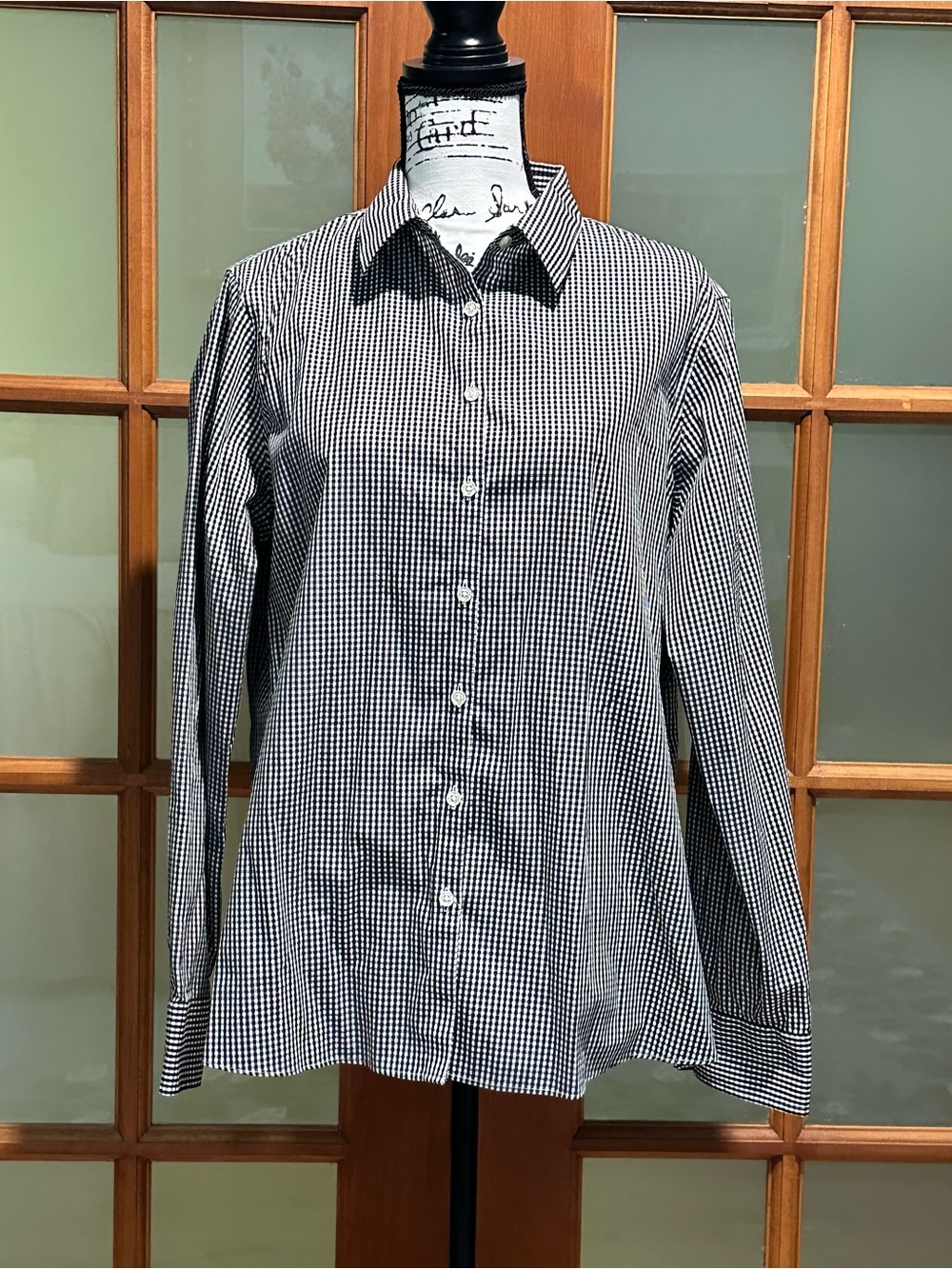 Lands End Women’s Black & White Gingham Dress Shirt - Classic Button-Up Size 16